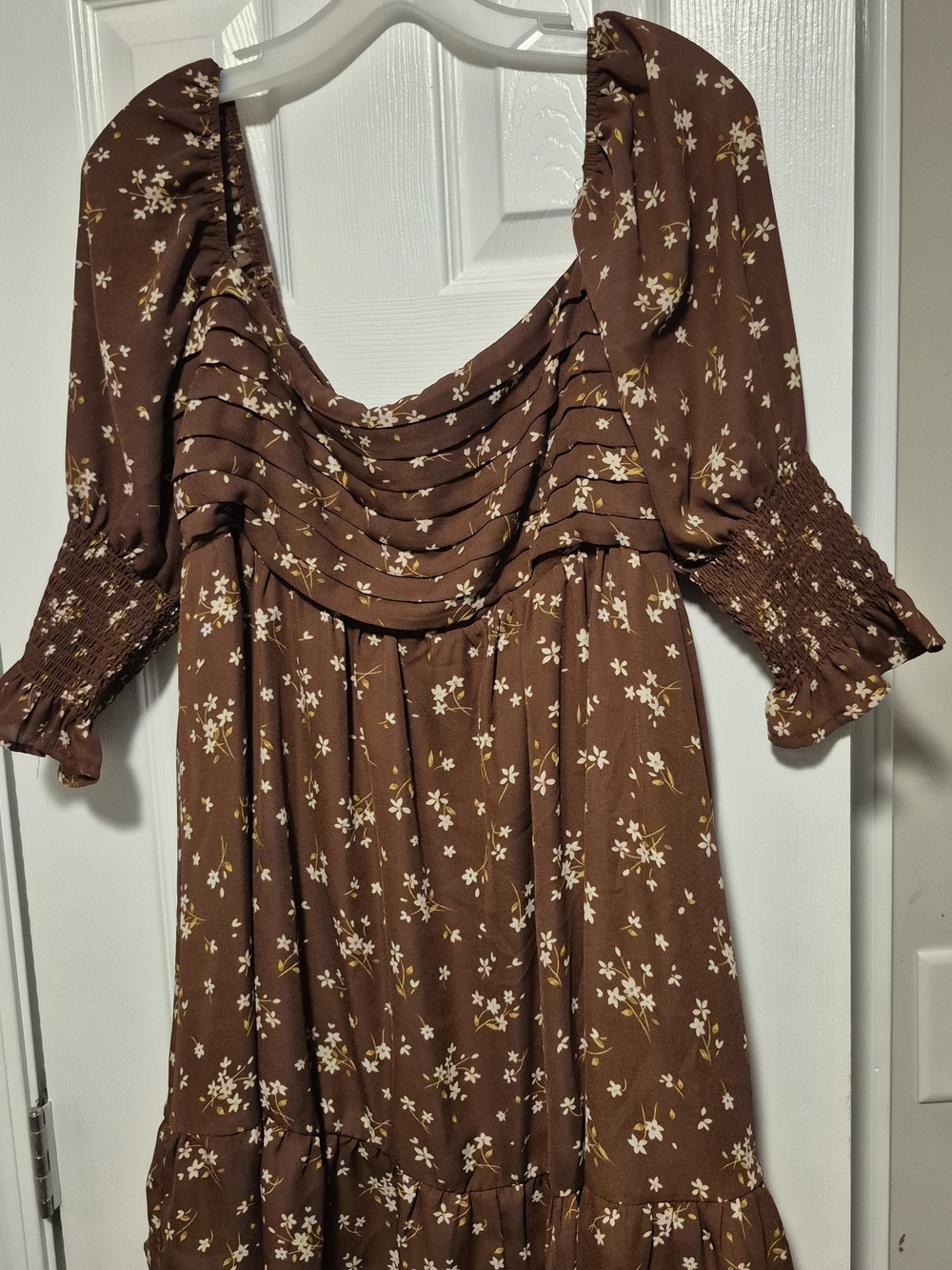 Blue Rain Brown Floral Pleated Yoke Midi Dress